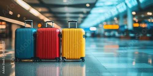 luggage suitcases at the airport wide banner with copy space area for vacations and holiday travel concepts
