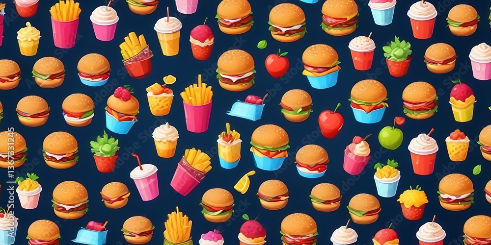 Obraz premium Pattern of food items including hamburgers, french fries, and apples
