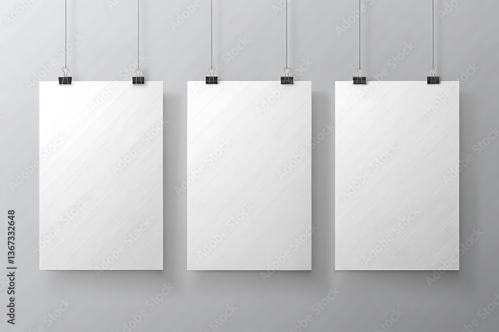Three white papers hanging from a wire Three white papers hanging from a wire