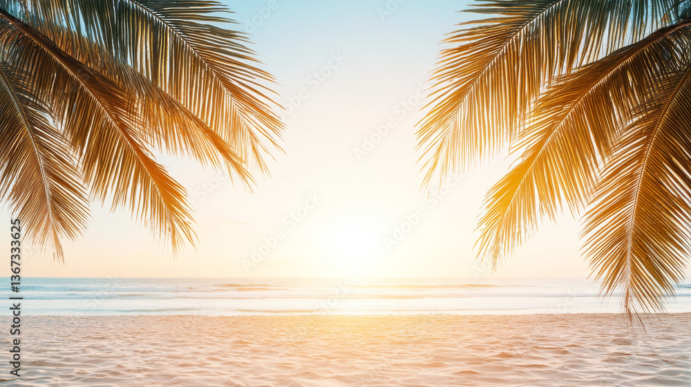 Fototapeta premium serene beach scene with palm trees at sunset