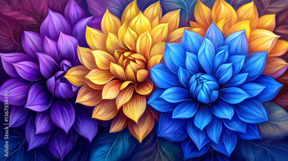 Vibrant flowers in purple, yellow, and blue hues create beauty Vibrant flowers in purple, yellow, and blue hues create beauty