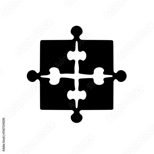 A minimalist, two-tone, graphic representation of a completed jigsaw puzzle, rendered in black on a white background, signifying collaboration and completion.