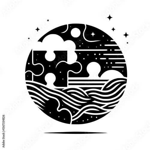 Symbolic black and white illustration depicting a puzzle piece fitting into a cosmic sphere, representing unity and interconnectedness.