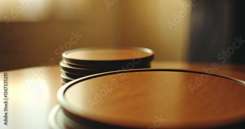 Stacked round dark brown coasters on wooden table.