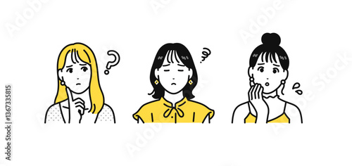 悩むオシャレな若い女性3人のシンプルな人物アイコンセット