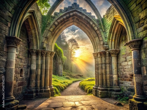 Ancient Abbey Archway:  Mystical Stone Entrance to Historic Ruins