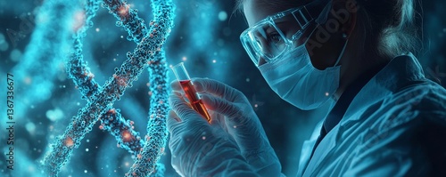 scientist holding medical testing tubes or vials of medical pharmaceutical research with blood cells and virus cure using DNA genome sequencing biotechnology as wide banner