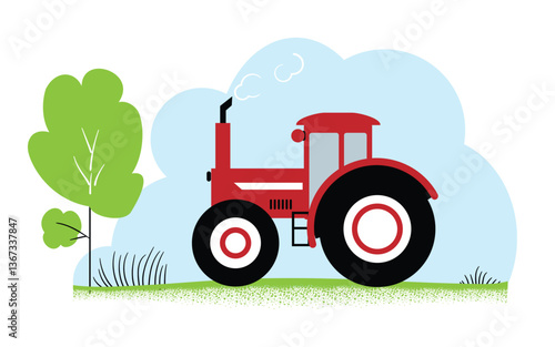 Illustration of a tractor working in a rural field