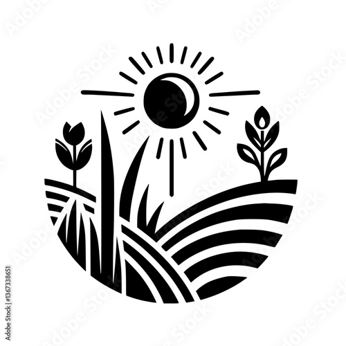 A stylized black and white illustration of a sunlit agricultural scene within a circular frame, depicting fields, plants, and a radiant sun, evoking a sense of natural harmony and rural life.