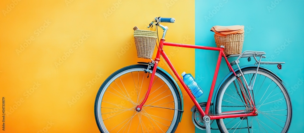 Red Bicycle Against a Vibrant Yellow and Teal Background Red Bicycle Against a Vibrant Yellow and Teal Background