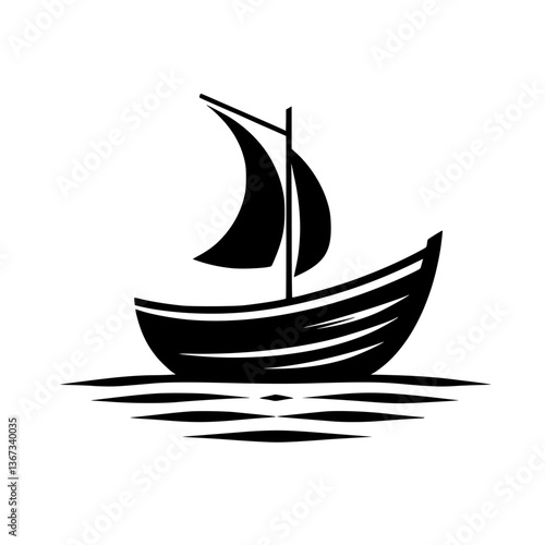 Simple, black and white nautical illustration depicting a small sailboat with a curved hull and billowing sail gliding over calm, stylized water.