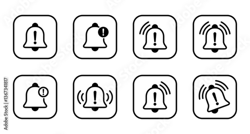 Warning bell icon set collection on square line. Danger caution notification sign symbol