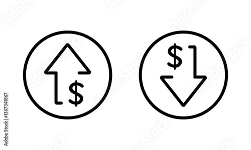 Dollar arrow up and down icon circle line. USD currency growth and decline sign symbol