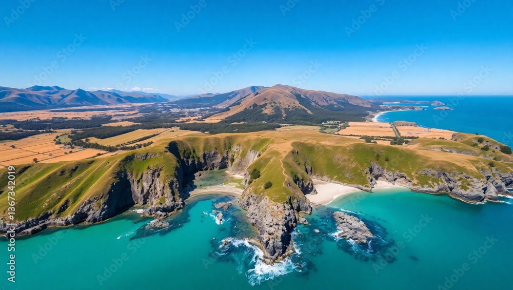Obraz premium Scenic Aerial Shot of a Hidden Beach Surrounded by Rugged Coastal Cliffs and Ocean Waves Aerial View of a Remote Tropical Island Surrounded by Turquoise Waters and Coral Reefs
