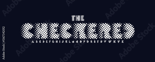 Retro pixelated font, bold checkerboard style letters, experimental pixel alphabet for game headline and logo, personal branding, eye-catching poster titles, high-impact visuals. Vector typeset