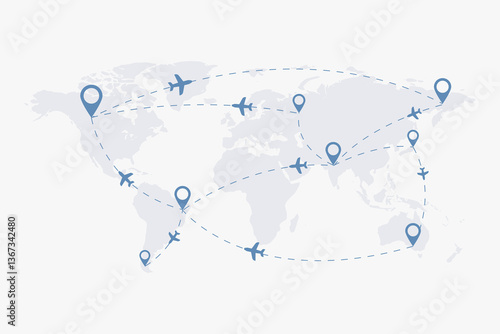 Traveling the World by Airplane. Global Routes on World Map for Air Transport Concept
