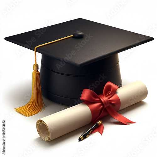 Graduation cap and diploma isolated on white background.