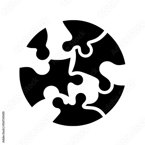 Circular monochrome graphic of interconnected jigsaw puzzle pieces forming a whole, illustrating unity and collaboration.