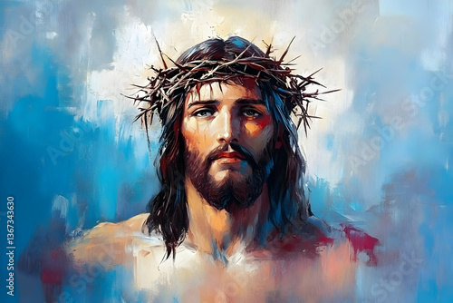Portrait Illustration of Jesus Christ with Crown of Thorns and Blue White Background