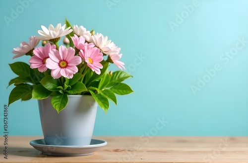 Wallpaper Mural Beautiful flowers in a grey pot on a wooden table. Pastel blue background. Copy space. Spring card Torontodigital.ca