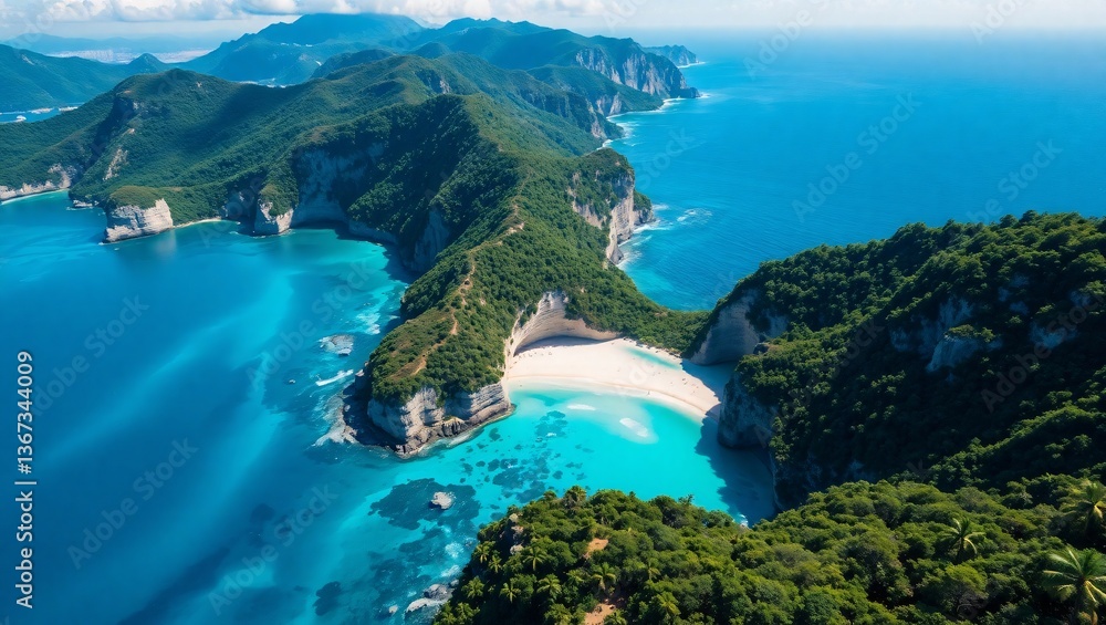 Obraz premium Breathtaking Tropical Island with Turquoise Waters and Lush Green Mountains - Aerial Photography Scenic Aerial Shot of a Hidden Beach Surrounded by Rugged Coastal Cliffs and Ocean Waves
