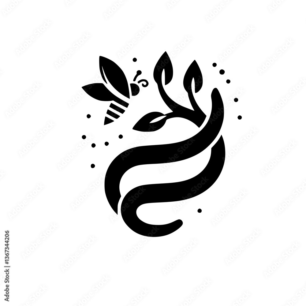A stylized, black and white graphic of a bee hovering near a curved, abstract plant with leaves and surrounding dots, symbolizing nature's harmony.