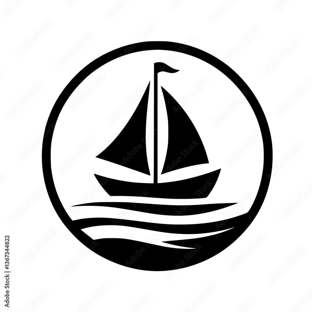 Minimalist Monochrome Emblem: Sailing Boat on Waves within a Circular Frame, Illustrating Calm Seas and Exploration. Minimalist Monochrome Emblem: Sailing Boat on Waves within a Circular Frame, Illustrating Calm Seas and Exploration.