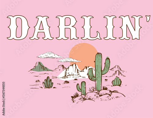 Desert cactus western rodeo Palm Springs California Arizona cowboy darlin slogan Graphic Tee t-shirt logo slogan artwork typography tote badge emblem crest Fashion ranch country Apparel 