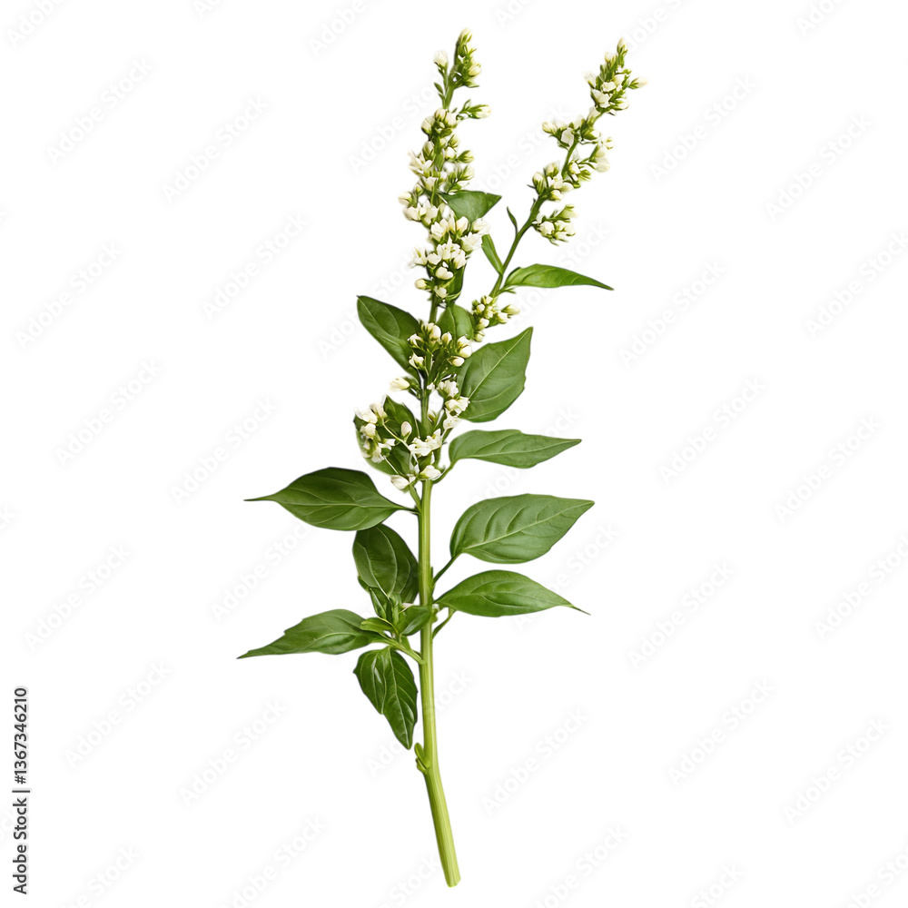 Naklejka premium Fresh Green Basil Plant with Tiny White Flowers Isolated on Transparent Background