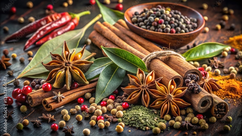 Aromatic Spices: Long Exposure Photography of Peppercorns, Bay Leaves, Cloves, Cinnamon, Star Anise & Ginger Aromatic Spices: Long Exposure Photography of Peppercorns, Bay Leaves, Cloves, Cinnamon, Star Anise & Ginger