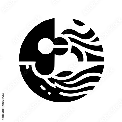 A striking black and white geometric circular design, suggesting a stylized face interacting with flowing, wavy elements, possibly water.
