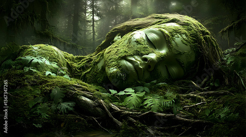 Realistic 3D Render of Sleeping Stone Face Statue Covered in Green Forest