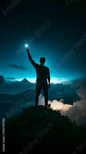 Silhouette Of A Person Reaching For Stars Over Mountains In A Night