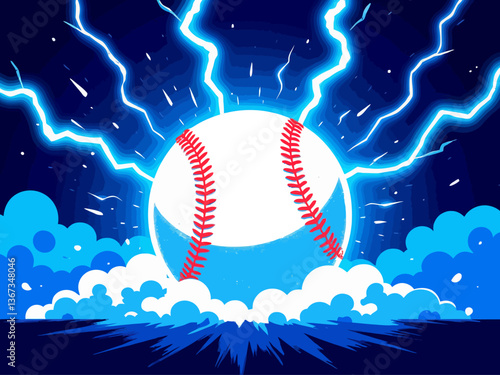  A baseball surrounded by waves of energy with blue lightning and white thunder