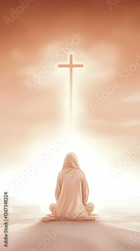 Silhouette Kneeling Praying Person Illuminated Cross Above Illustration Photo