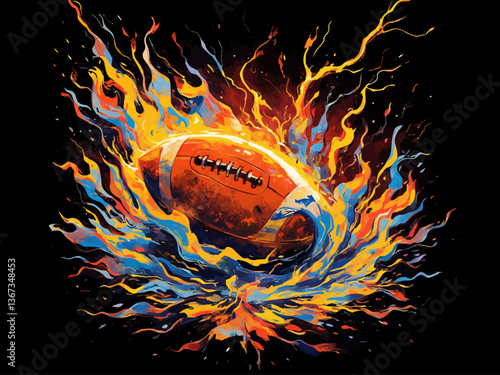  American football, made of fire and water, surrounded by lightning bolts against a black backgroun