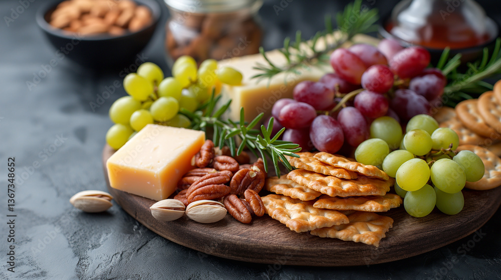 A beautifully arranged charcuterie board with assorted nuts, fruits, and cheese for a delightful gathering. A beautifully arranged charcuterie board with assorted nuts, fruits, and cheese for a delightful gathering.