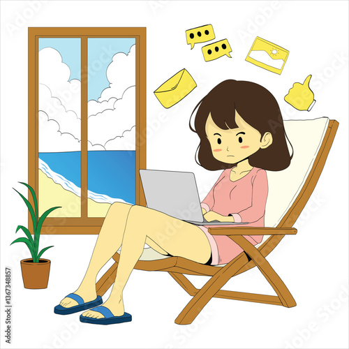 A person works with a laptop on a lounge chair, and a window with a view of the beach. freelancer concept working from anywhere