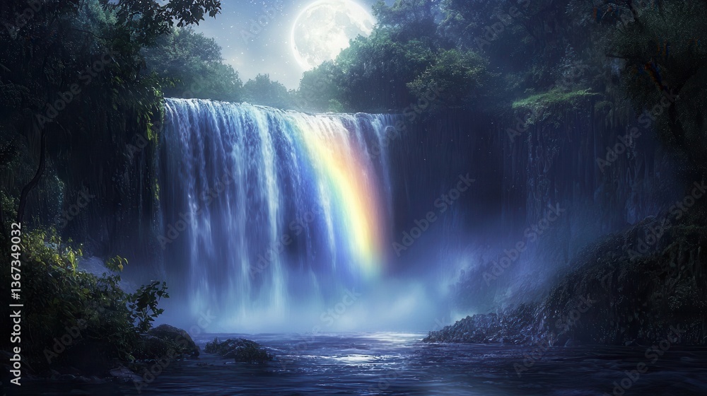 Fototapeta premium a mystical moonbow appearing over a cascading waterfall at night, its soft, glowing colors barely visible under the silver moonlight, surrounded by mist and dense forest. 