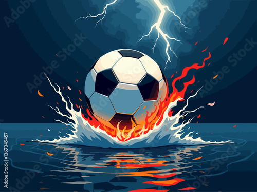  Soccer ball in water and fire with thunder, vector illustration, background color dark blue, white lightning