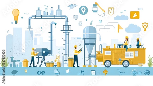 A team of engineers collaborating on the design and development of innovative eco friendly water treatment solutions at an industrial plant facility