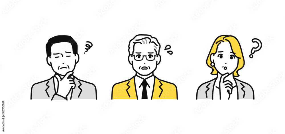 悩む表情の会社役員のシンプルな人物アイコンセット