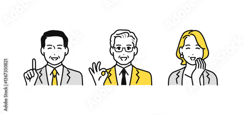 問題が解決して喜ぶ会社役員のシンプルな人物アイコンセット