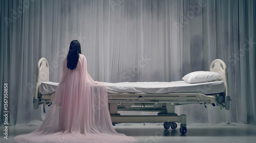 Sad Woman In Pink Dress Standing Near Hospital Bed in White Room Photo