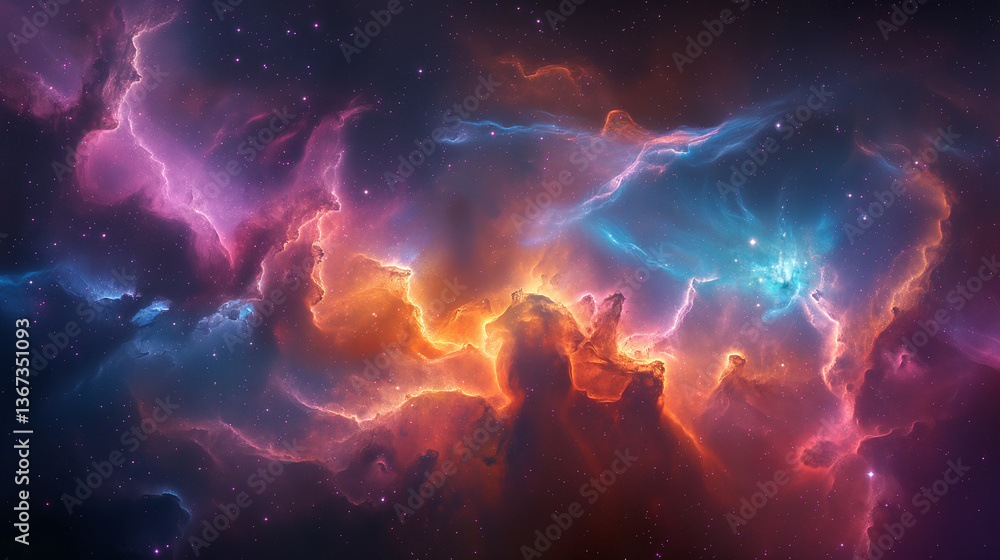 A breathtaking cosmic nebula bursting with vibrant hues of orange, blue, and purple, showcasing the beauty of the universe. A breathtaking cosmic nebula bursting with vibrant hues of orange, blue, and purple, showcasing the beauty of the universe.