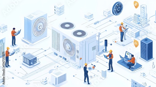 Collaborative team of engineers designing an air conditioning and ventilation system for a large commercial office building focusing on energy efficiency climate control