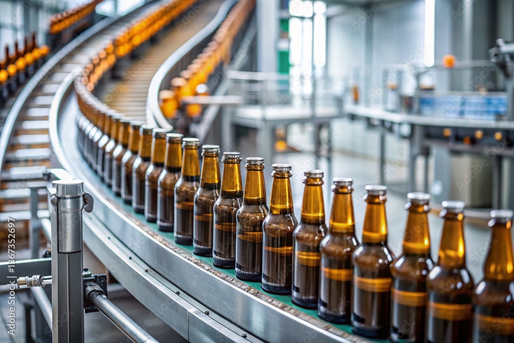 Automated Beer Bottling: Minimalist Conveyor Belt of Packed Bottles Automated Beer Bottling: Minimalist Conveyor Belt of Packed Bottles