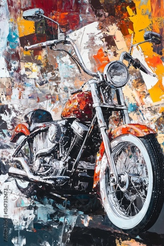 A vibrant motorcycle depicted in an abstract, colorful art style, showcasing the bike's details against a dynamic background.