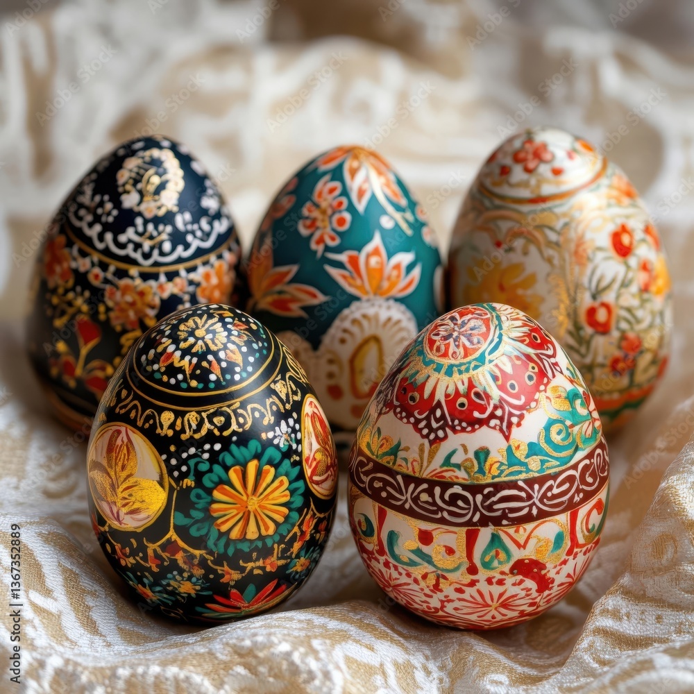 five Easter eggs painted with a pattern on the fabric five Easter eggs painted with a pattern on the fabric