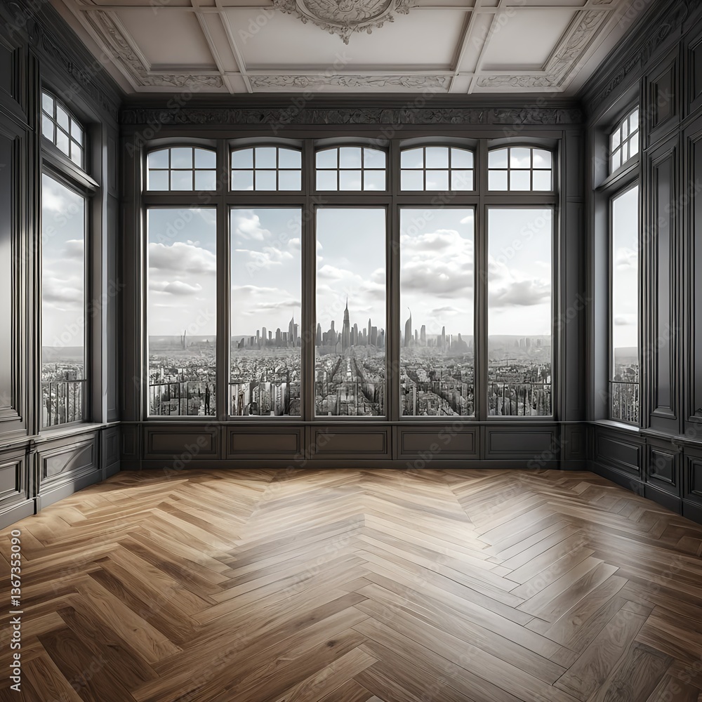 Fototapeta premium Luxury Apartment with City View and Herringbone Floor